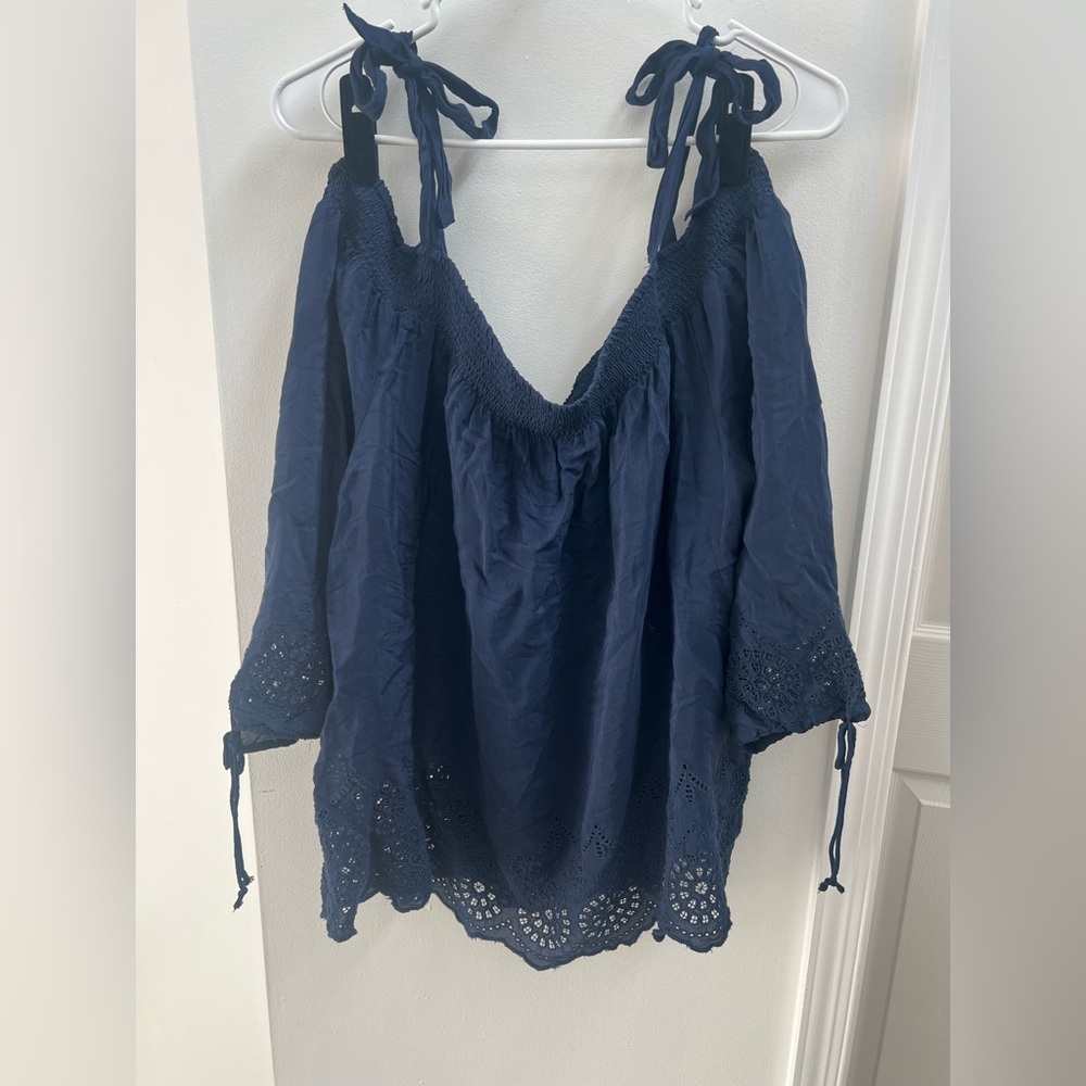 Lucky Brand Blue Off Shoulder Eyelet Blouse Size 1X